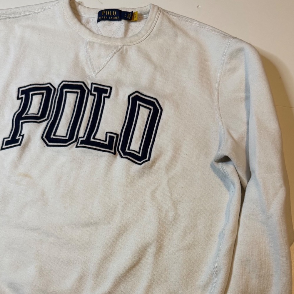 Polo Ralph Lauren Sweatshirt Mens Large White Fair Stained Applique Logo - Picture 3 of 11